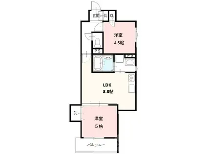 クリエオーレ一津屋I(2LDK/2階)の間取り写真