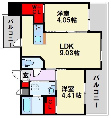 ギャラン鷹の巣(2LDK/9階)の間取り写真