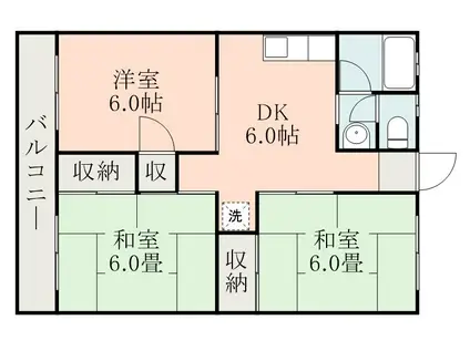 鹿児島市電谷山線 谷山駅(市電) 徒歩6分 2階建 築42年(3DK/2階)の間取り写真