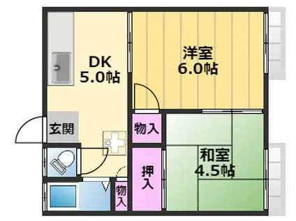 ＪＲ阪和線 百舌鳥駅 徒歩4分 2階建 築53年(2DK/1階)の間取り写真