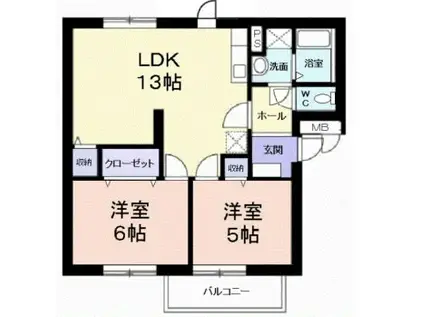 ニューエルディム横山 B(2LDK/1階)の間取り写真
