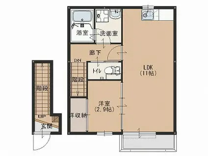 ハイ ガーデン九蔵町(1SK/2階)の間取り写真