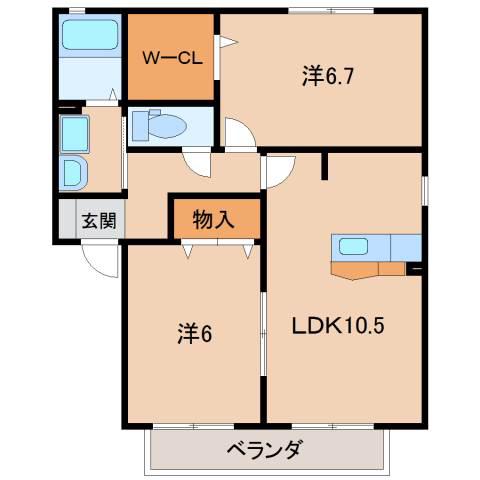 サンヴィレッジ田尻A棟(2LDK/2階)の間取り写真