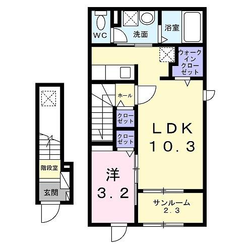 ソレイユ フルール III(1LDK/2階)の間取り写真