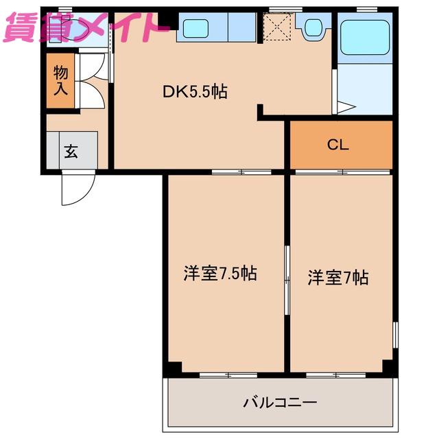 ピュアウィンド(2DK/1階)の間取り写真