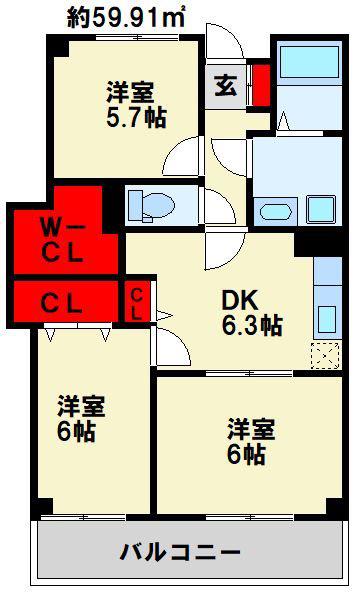 フィールドワン(3DK/4階)の間取り写真