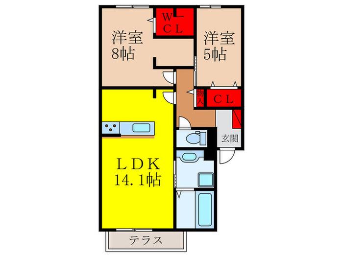 アベニール B棟(2LDK/1階)の間取り写真