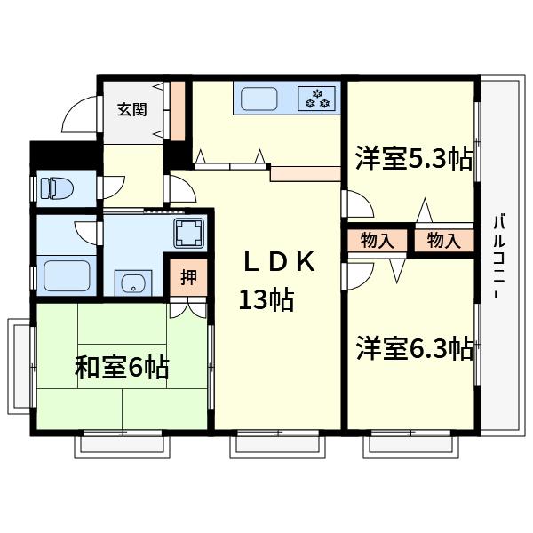 シャルル日吉台(3LDK/1階)の間取り写真