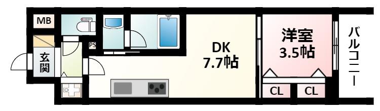 ラルシェパルク新大阪(1DK/8階)の間取り写真
