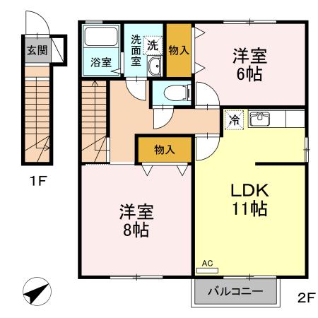 ローズコート三枚橋2(2LDK/2階)の間取り写真