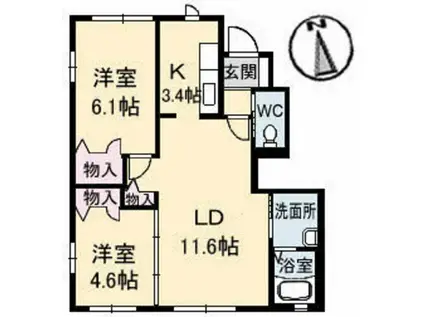 ディア ハイン B(2LDK/1階)の間取り写真
