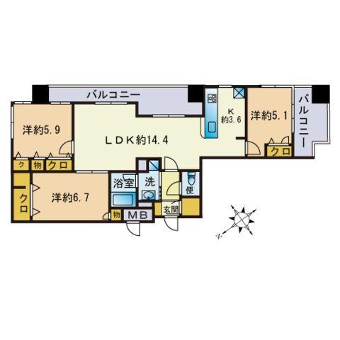 アクタス渡辺通パークシティ(3LDK/14階)の間取り写真