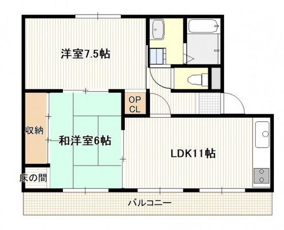 マンション尾那岡2号棟(2LDK/4階)の間取り写真