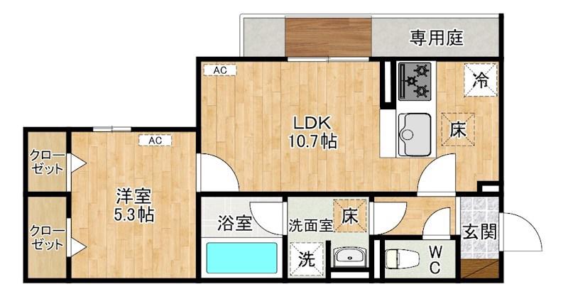 ＪＲ日豊本線 城野駅(ＪＲ) 徒歩15分 3階建 新築(1LDK/1階)の間取り写真
