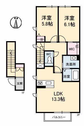リラフォート東手城町3丁目(2LDK/2階)の間取り写真