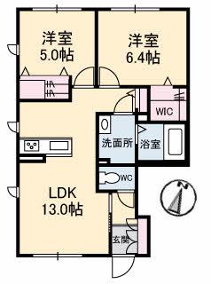 RAINBOW中島 B棟(2LDK/1階)の間取り写真
