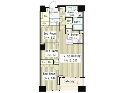 富久クロスコンフォートタワー(3SLDK/51階)の間取り写真