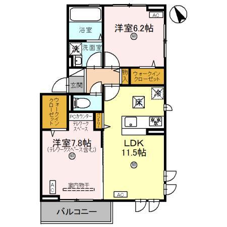 グランコンフォール神ノ川(2LDK/1階)の間取り写真