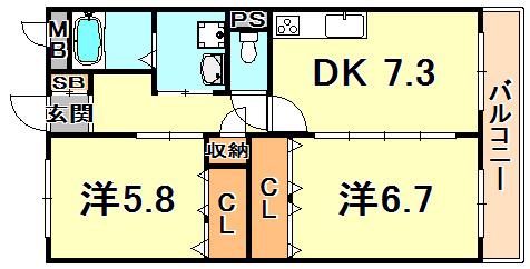ラシュレウエスト六甲(2DK/3階)の間取り写真