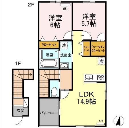 アロモントB棟(2LDK/2階)の間取り写真