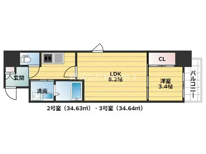CAVANA本町 旧サムティ本町イースト THE MARKS(1LDK/12階)の間取り写真