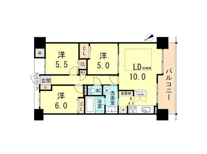 ライオンズクオーレ御幣島駅前ヴェルデ(3LDK/3階)の間取り写真