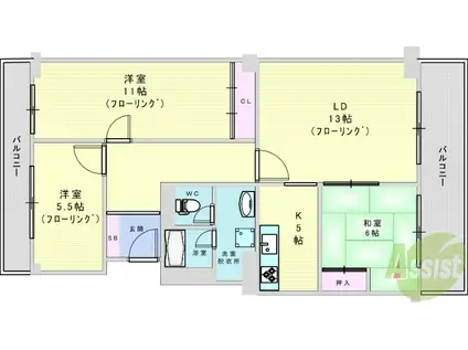 緑地グランドマンション1号棟(3LDK/2階)の間取り写真