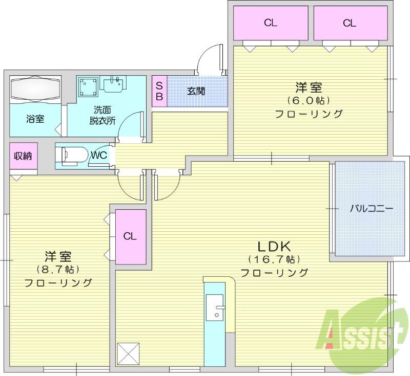 リバーサイドシャトーA(2LDK/2階)の間取り写真