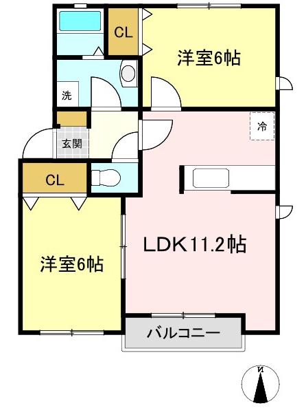 ヒルズ篠山(2LDK/2階)の間取り写真