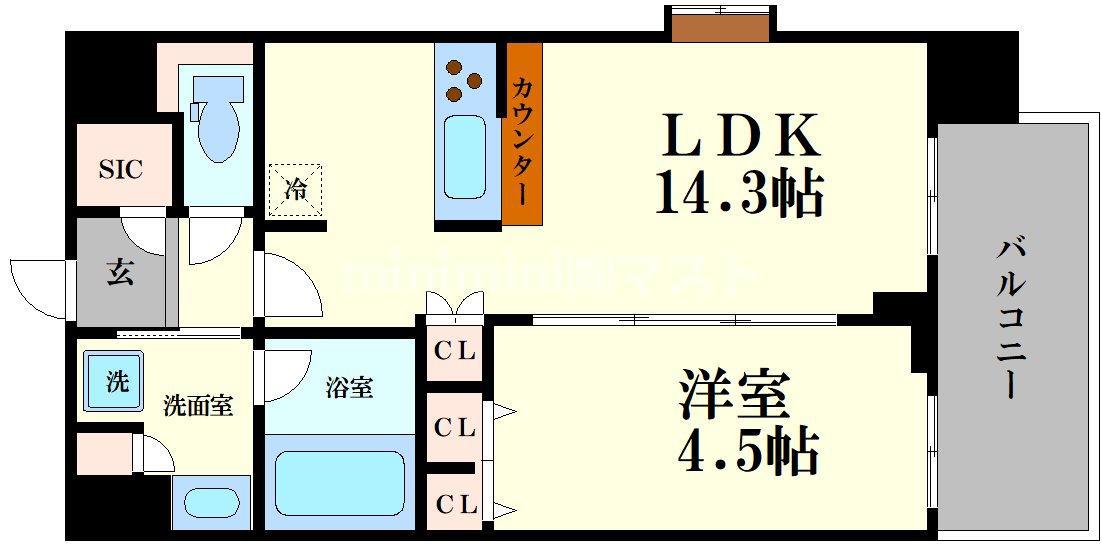 スプランディッド難波キャトル(1LDK/14階)の間取り写真
