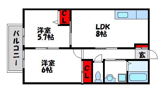 フォレストステージ B(2LDK/2階)の間取り写真