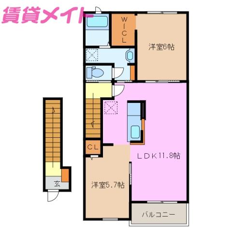 フェリーチェ I(2LDK/2階)の間取り写真