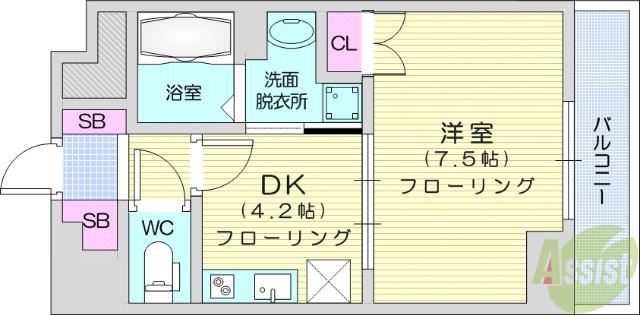 ラフルール連坊(1DK/8階)の間取り写真