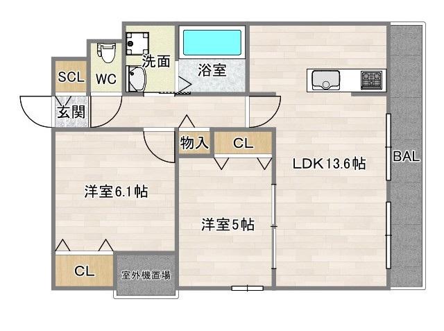 東粉浜3丁目(2LDK/3階)の間取り写真