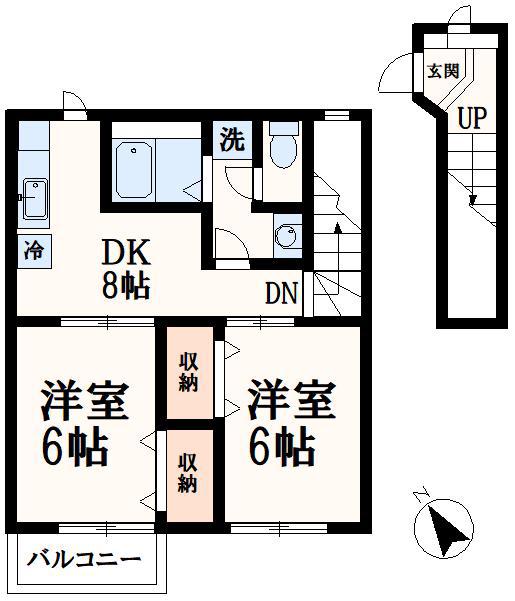シャトル(2DK/2階)の間取り写真