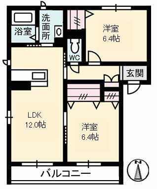 シャーメゾングローリー(2LDK/2階)の間取り写真