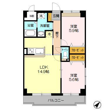 ドミール陽水(2LDK/2階)の間取り写真