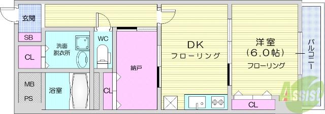 カスタリア一番町イースト(1DK/4階)の間取り写真