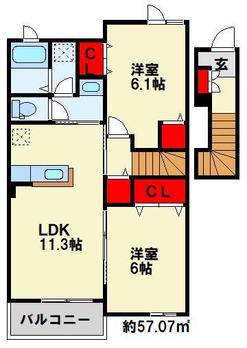 フォルトゥーナB(2LDK/2階)の間取り写真