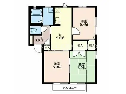 ディアス赤石 A棟(3K/2階)の間取り写真