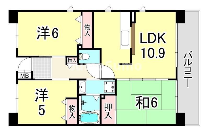 URパークタウン西武庫 9号棟(3LDK/8階)の間取り写真