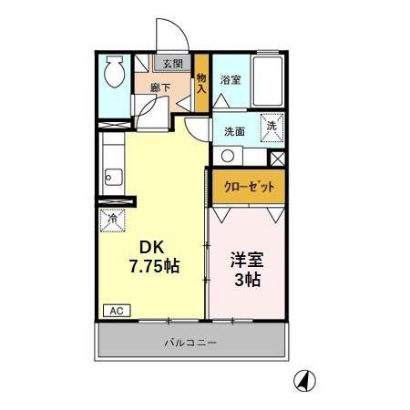 ピジョンコートD(1DK/2階)の間取り写真
