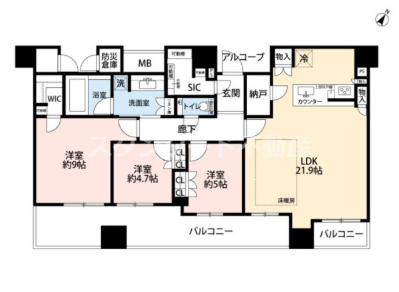 シエリアタワー中之島(3LDK/44階)の間取り写真