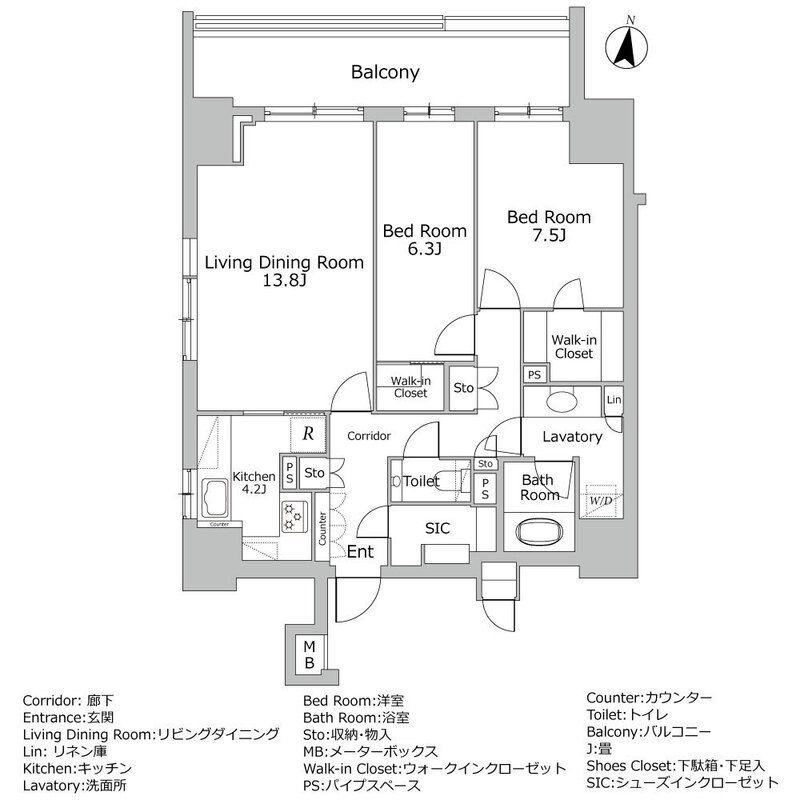 ザ・パークハウス麹町三丁目(2LDK/13階)の間取り写真