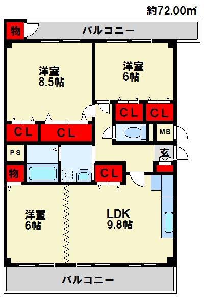 医生ヶ丘エストリル(3LDK/3階)の間取り写真