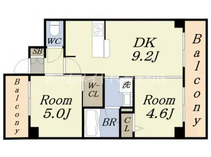 エステムコート難波ウエスト-SIDEIIベイフレックス(2DK/1階)の間取り写真