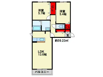 メルヴェール・コンフォルト(2LDK/2階)の間取り写真
