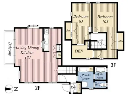 東急池上線 御嶽山駅 徒歩10分 3階建 築33年(2LDK/2階)の間取り写真
