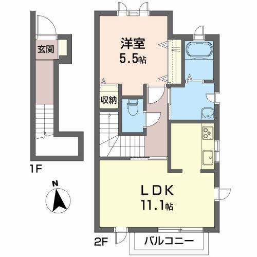 グリーンヒルズ荒巻B(1LDK/2階)の間取り写真