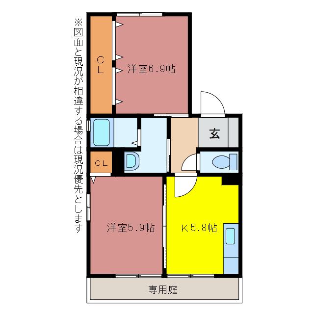 ファミーユ豊が丘(2K/1階)の間取り写真